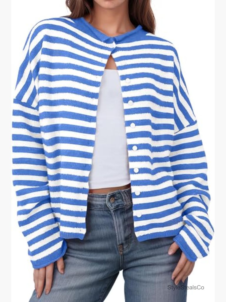 Striped Cardigan Sweater Button Up Knit Tops Long Sleeve Open Front Casual Fall